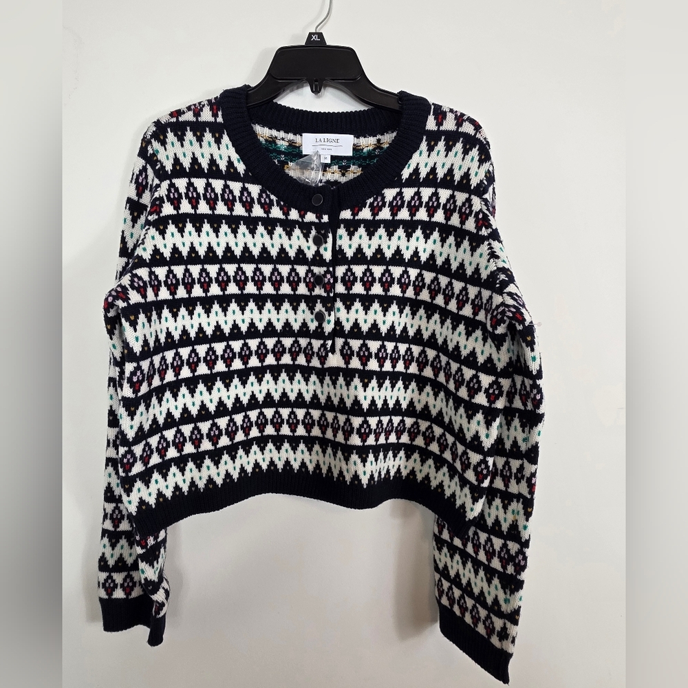 La Ligne Fair Isle Merino Wol Navy Blue Henley Crewneck Pullover Sweater M - Picture 2 of 6
